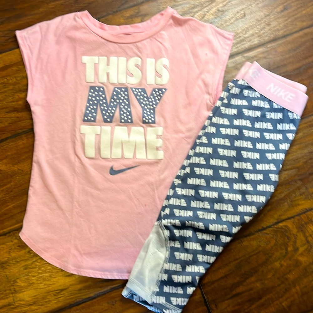 NIKE Pink THIS IS MY TIME Top + Dri-Fit Blue Cropped Leggings Size 6X 6-7 yrs